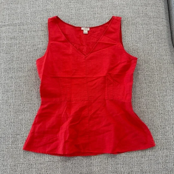 J. Crew Dark Coral V-neck Linen/Cotton Peplum Sleeveless Blouse - Picture 7 of 10